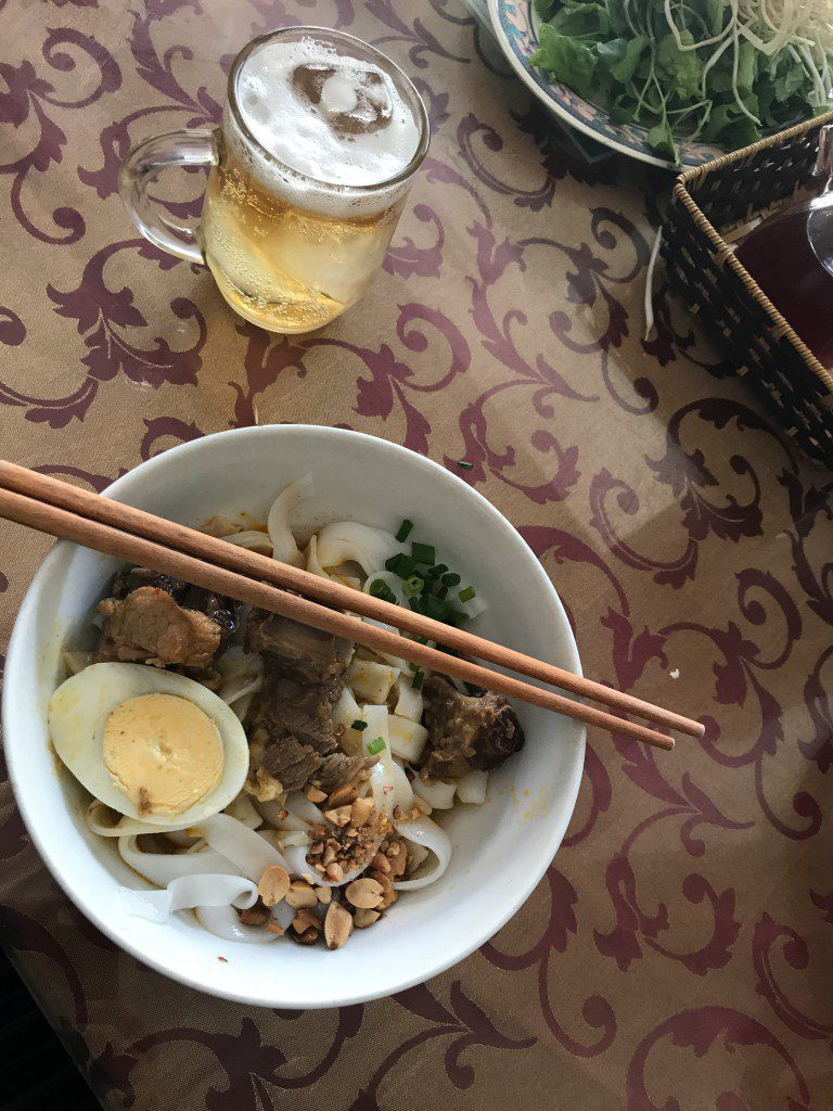 First stop, is to get a special noodle dish from Quang Nam Da Nang Province, where Da Nang is located in central vietnam.  This regional delicacy is normally served with Pork and Shrimp (together). It’s eaten with a crispy rice pancake called bánh tráng, key ingredients include lots of fresh vegetables, and peanuts which gives it a unique taste to some other noodle dishes. 